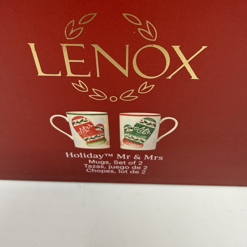 Lenox Holiday Mr/Mrs Mug Set, Red & Green Mittens Gloves NIB